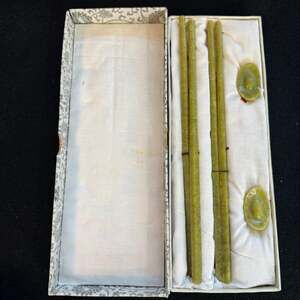 Vintage Carved Green Jade Hardstone Chopsticks Bundle 3 Pairs Ingot Rests Boxed